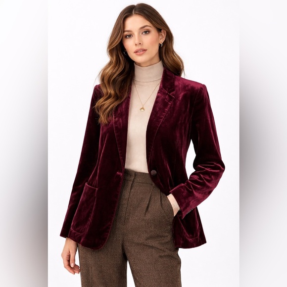 Chico’s Velvet Blazer Size M Wine Plum Burgundy Floral Lining Holiday Party - Picture 2 of 16